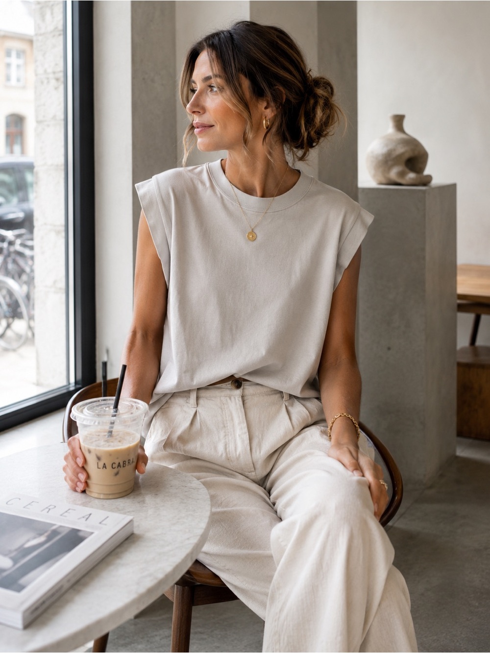 Nu-In Bone Cotton Muscle Tee Large Made in Portugal Minimalist Top